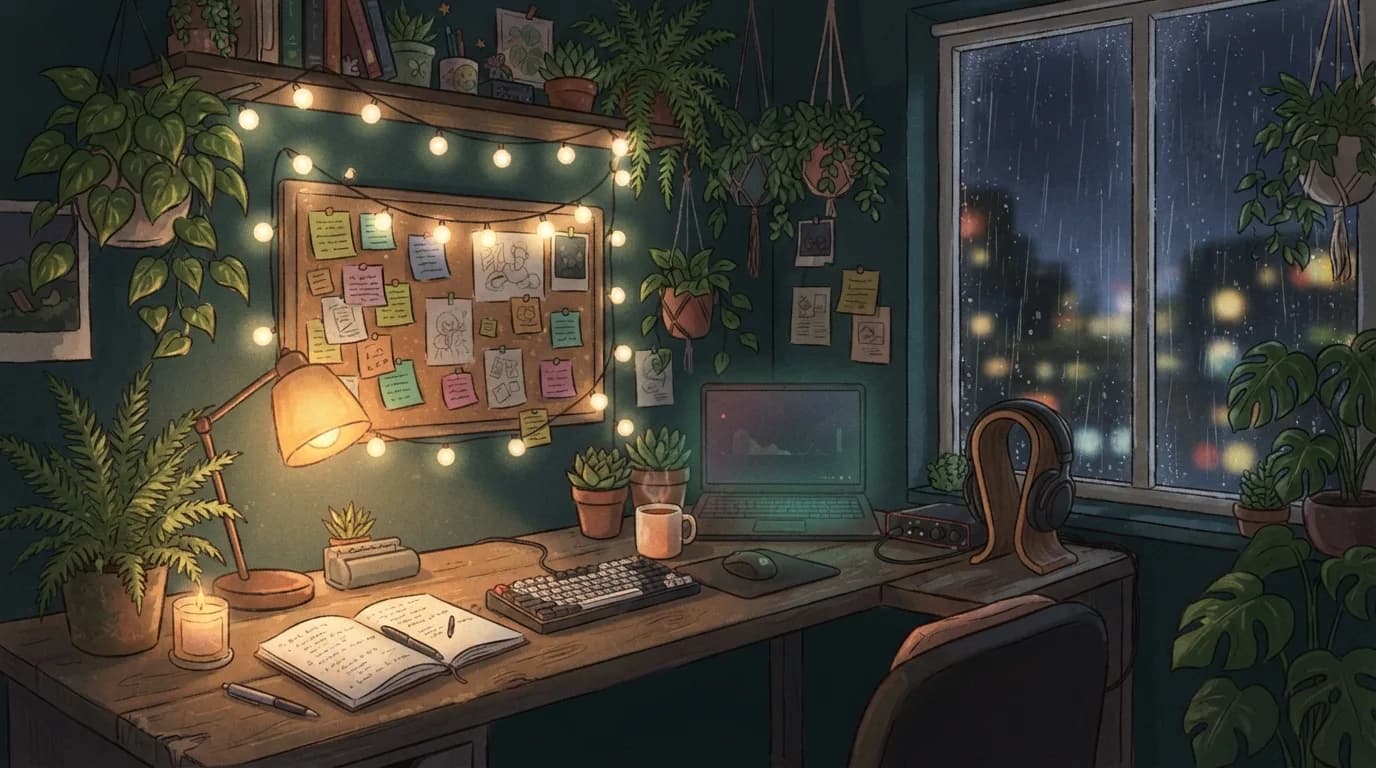 Cozy corner desk at night with fairy lights, plants and sticky notes