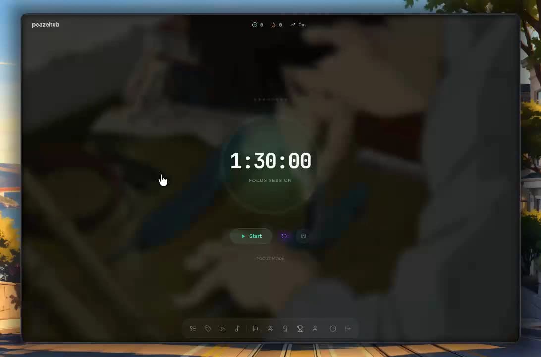 Peazehub dashboard showing focus timer, tasks, and progress tracking