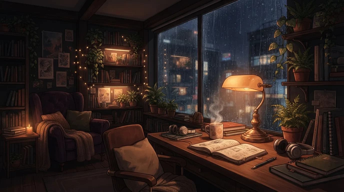 Cozy study room at night with a warm desk lamp and rain on the window